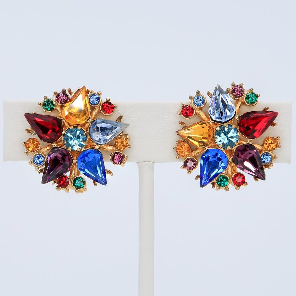 Vtg Coro Gold Tone Colorful Rhinestones Star Flower Screw Back Earrings 1950s